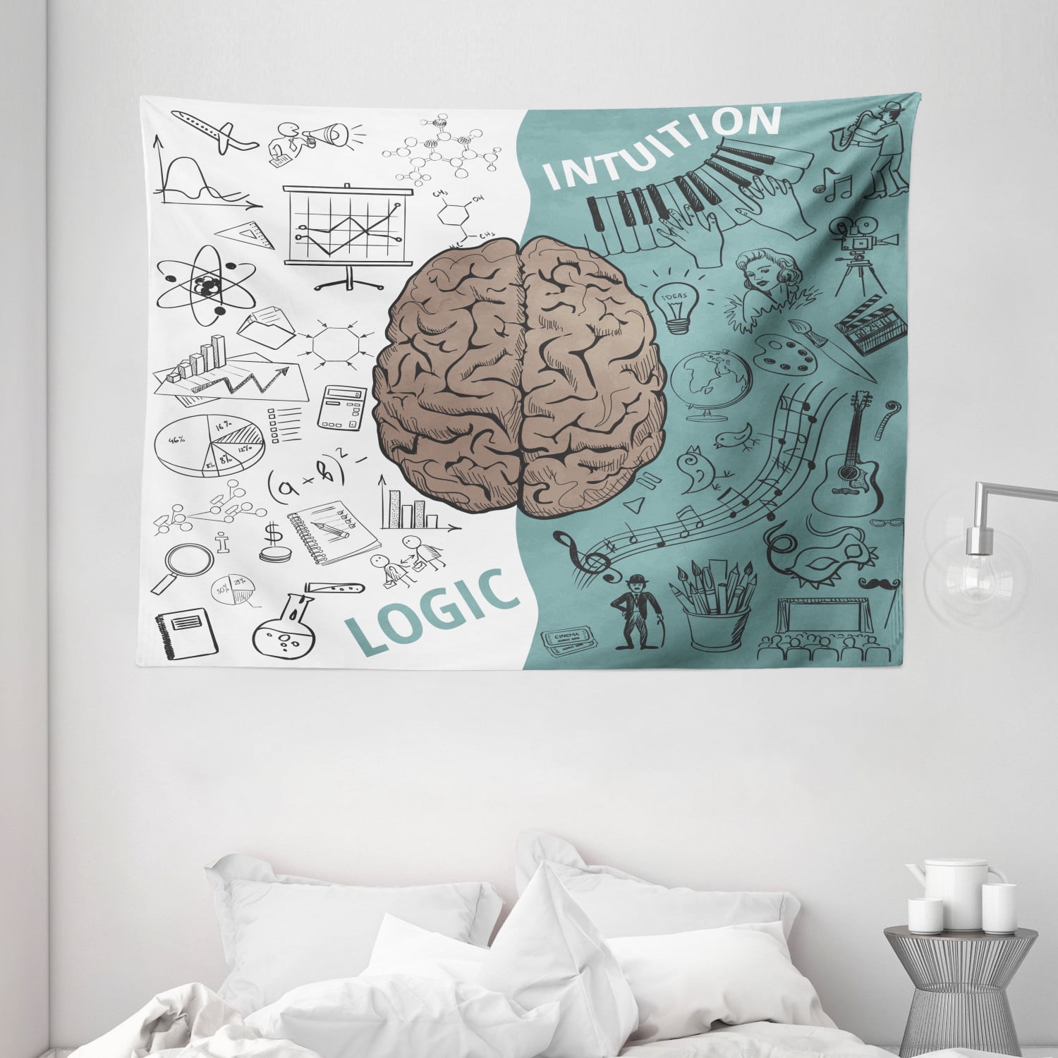 Modern Decor Tapestry, Brain Image with Left and Right Side Music Logic Art Side Science Print, Wall Hanging for Bedroom Living Room Dorm Decor, 80W X 60L Inches, White Teal Umber, by Ambesonne