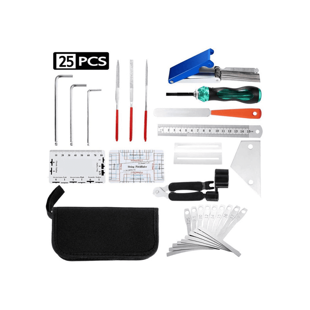 Guitar Repair Tool Kit, String Changing Tool, Wrench, Grinding File, Measuring Ruler, Stringer, Leveling Ruler, 25 in 1