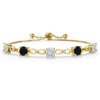 Gem Stone King 18K Yellow Gold Plated White Moissanite and Black Onyx Tennis Bracelet for Women | 4.06 Cttw | Gemstone Birthstone | Round 6MM | Fully Adjustable up to 9 inch