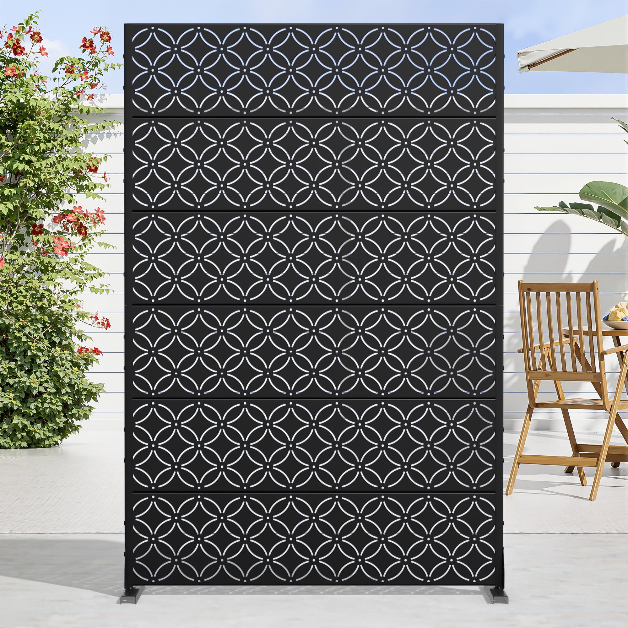 MAYEERTY 72 × 47in Outdoor Privacy Screen with Stand, 3 Panels Metal Balcony Decorative Screen, Black