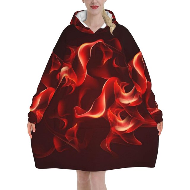 Red Flame,Women's Oversized Wearable Blanket Hoodie, Blanket Sweatshirt,Flannel Pullover Blanket