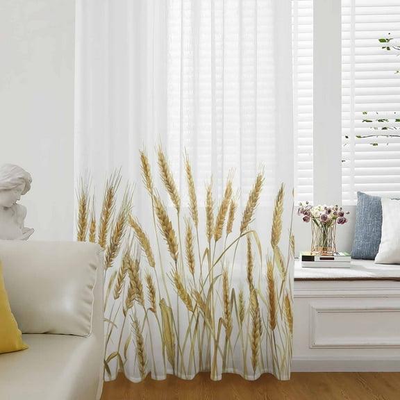 Fall Wheat Semi Sheer Curtains Drapes for Living Room, Bedroom, French Doors Window 96 Inches Long, Autum Botanical Farmhouse Yellow Orange Rod Pocket Chiffon Curtain Drapery Voile Draperies Panel