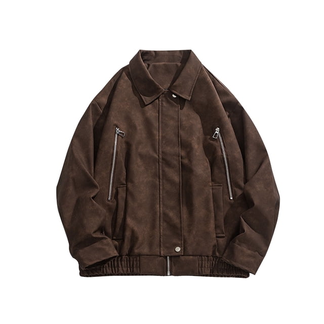 LOVZFMLL Jackets for Men Solid Color Pocket Zipper Snap Button Flip Collar Leatherwear Leather Clothing