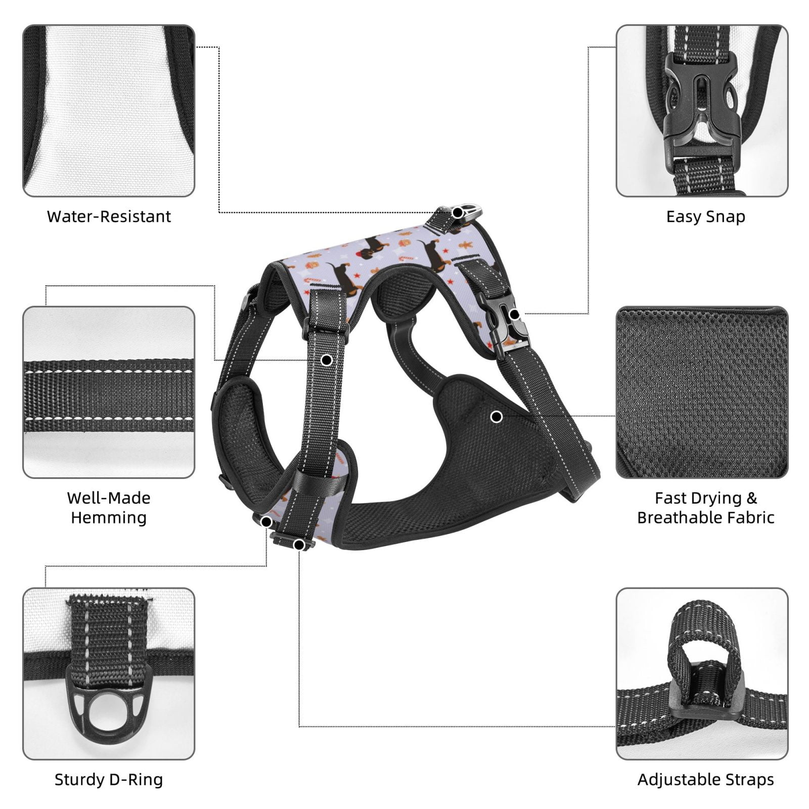 Vsdgher Dachshund Dog Pattern Dog Harness,No Pull Pet Harness with Soft Padded Handle,Adjustable Reflective Vest with 2 Buckles,4 Slide Buckles,S-XL Small