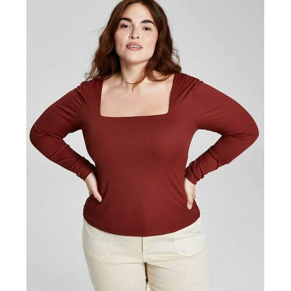 Trendy Plus Size Square-Neck Long-Sleeve Top Sonoma Brick 1X