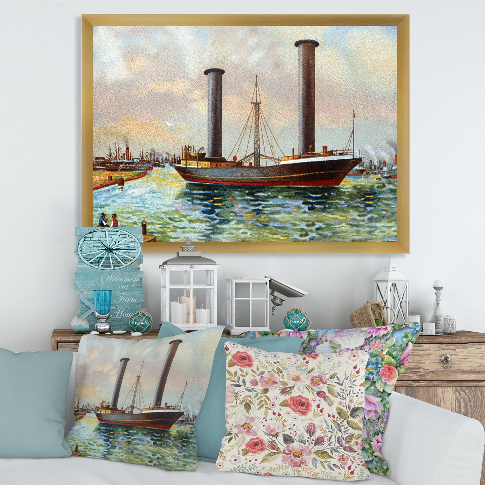 Designart 'The Ancient Boat Leaving The Harbor' Nautical & Coastal Framed Art Print