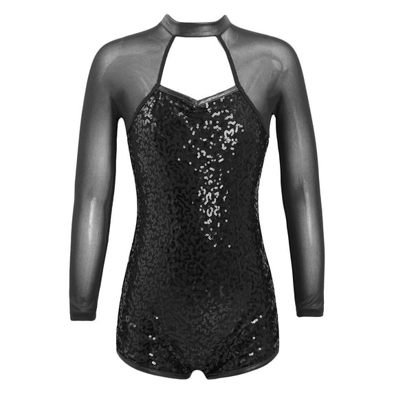 renvena Girls Kids Long Sleeves Mock Neck Sparkling Sequins Gymnastics Leotard Biketard with Shorts Dance