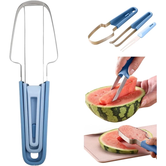 3-In-1 Stainless Steel Watermelon Cutter, Triangle Slicer with Fork, for Picnic BBQ