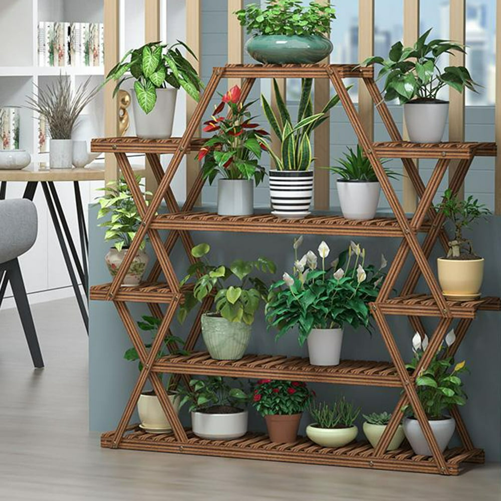 6 Tier Wooden Plant Stand Carbonized Flower Shelf Display Rack Holder