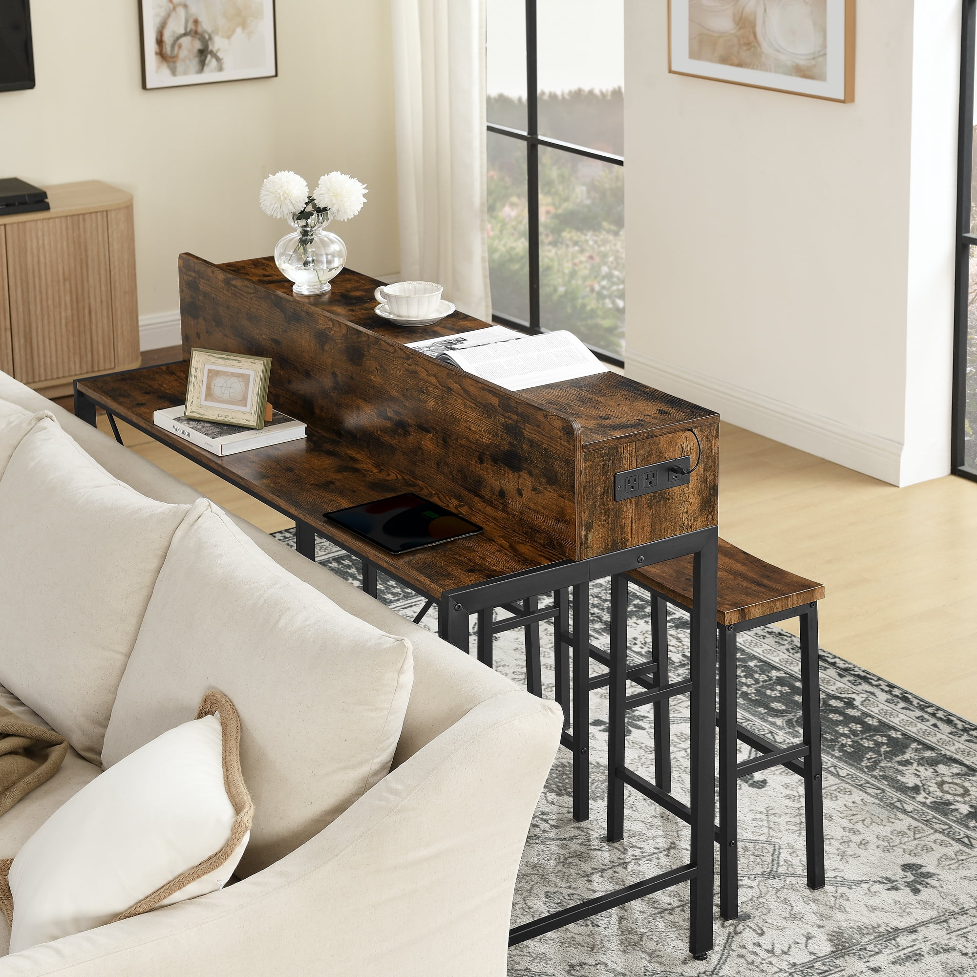 Aukfa Counter Height Dining Table Set, Kitchen Table W/ LED light,Storage Shelves & Power Outlet for Breakfast,Brown