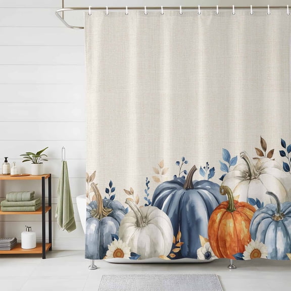 Shower Curtains for Bathroom, Thanksgiving Pumpkin Waterproof Fabric Shower Curtain, Fall Farmhouse Eucalyptus Leaves Decorative Bathroom Curtain for Bathtub, 72"x84", No Hooks Included