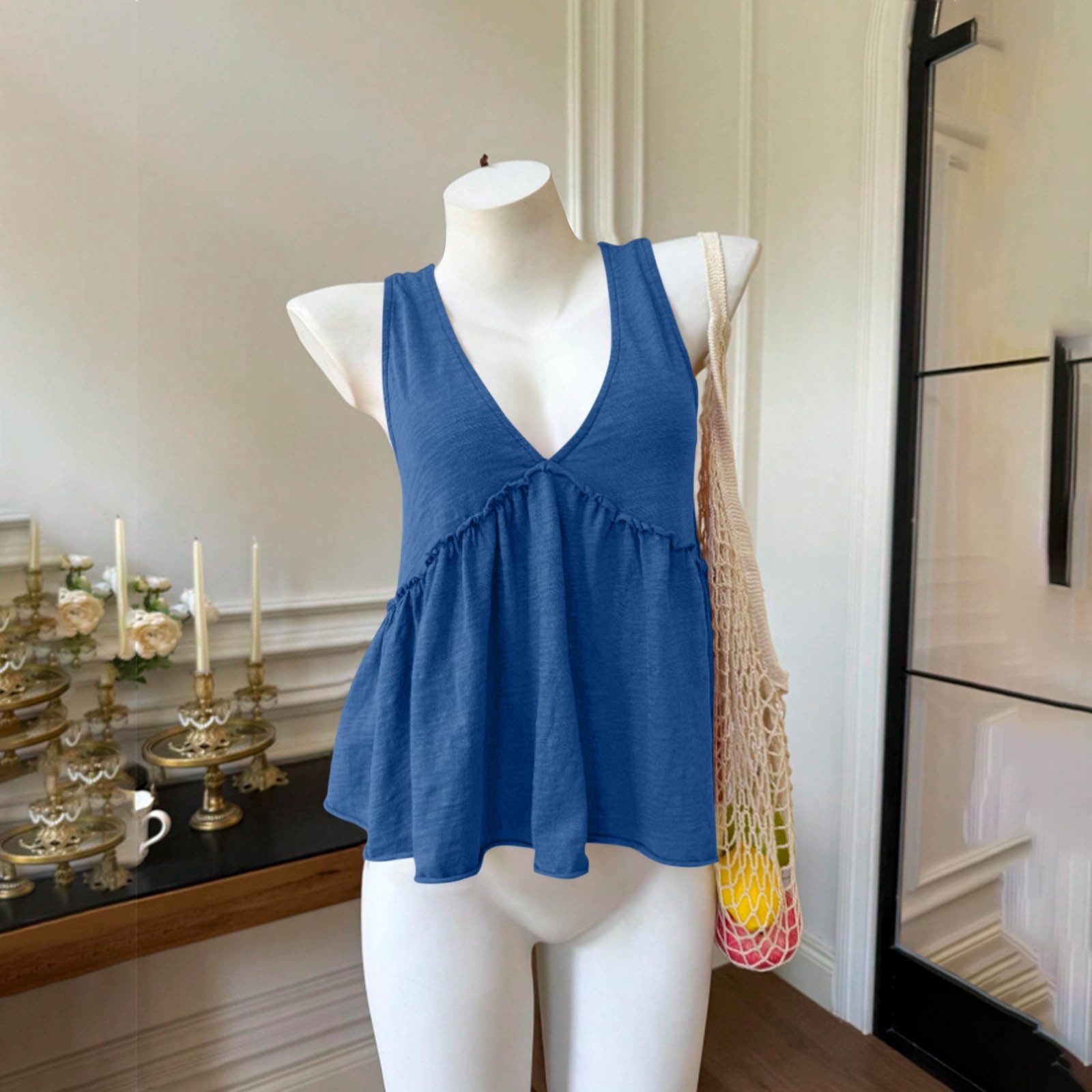 Oiangi Women's Babydoll Tank Tops Deep V Neck Sleeveless Ruffled Blouses Bow Tie Backless Flowy Tank Shirts Blue XL