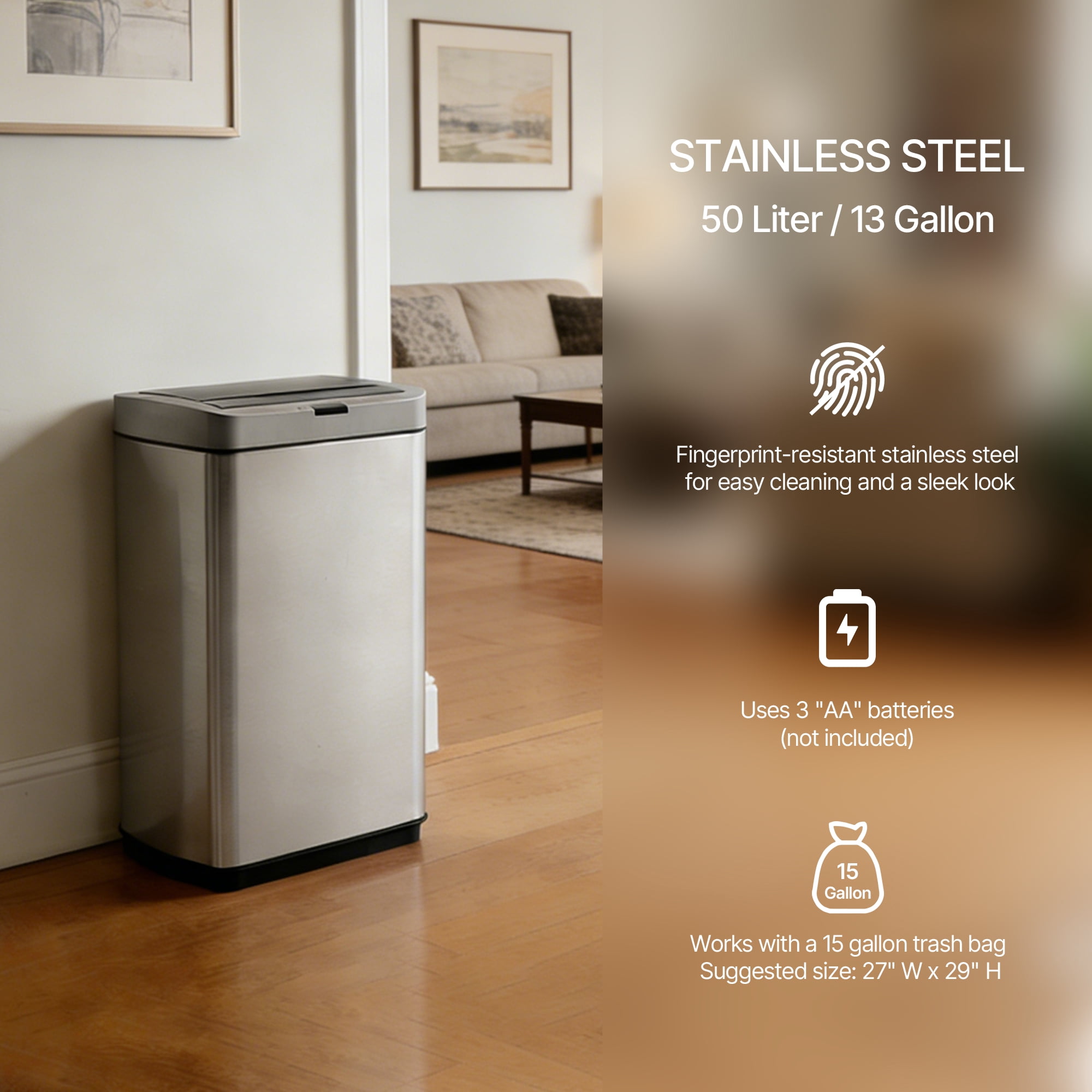 Innovaze 13 Gallon Stainless Steel Motion Sensor Trash Can with Butterfly Lid for Kitchen, Silver