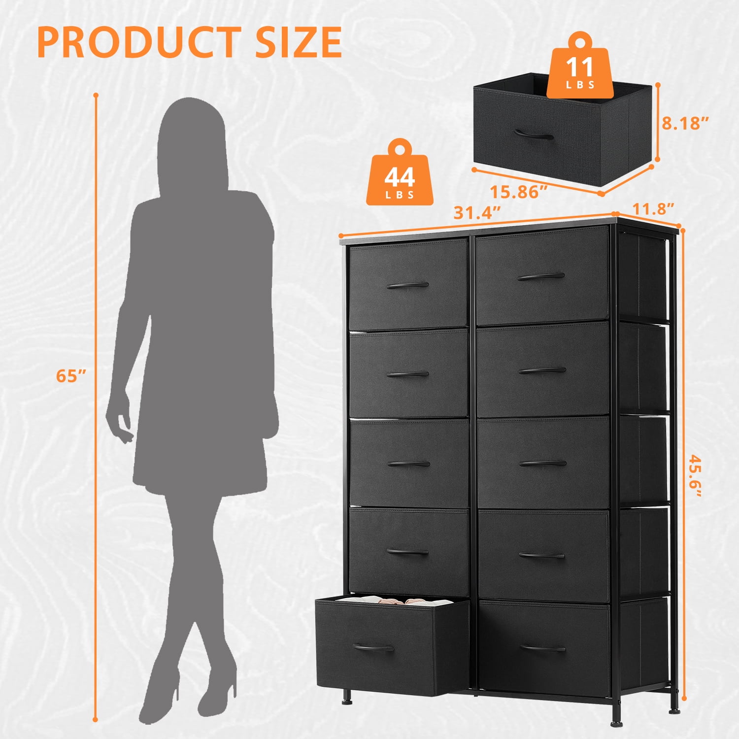 Modern 10 Drawer Fabric Dresser, Chest of Drawer Organizer Storage Cabinet for Bedroom Clothes Closet, Entryway,Black