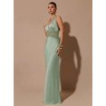 thumbnail image 4 of Mint Green Satin Halter Deep V-Neck Lace Waist Mermaid Evening Gown For Women, 4 of 6