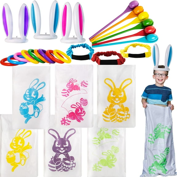 JOYIN 36Pcs 6 Player Easter Potato Sack Race Bags for Kids, Spoon and Egg Race, Legged Relay Race, Bands Elastic Tie Rope Party Favors Outside Lawn Eggs Hunt Game
