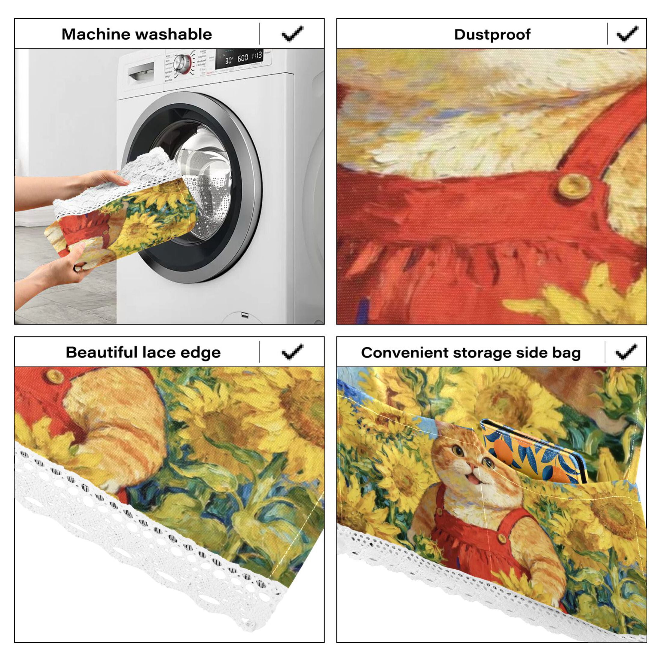 Wobogo Sunflower Smiling Cat Washing Machine Cover Dustproof Washer Dryer Cover Waterproof Laundry Room Decorative Protector