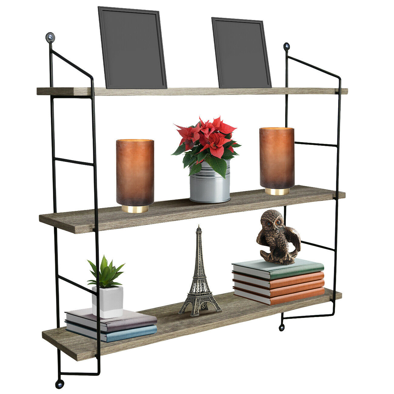 3Tier Floating Shelf w/ Metal Bracket Wall Mounted Rustic Wood