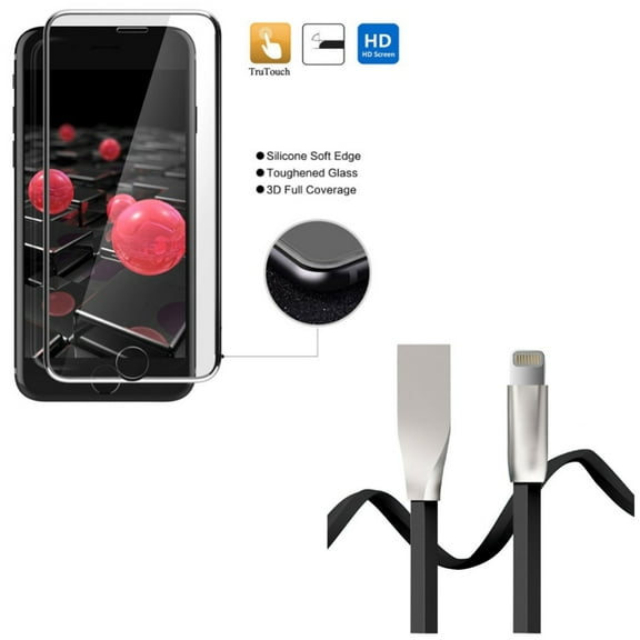 iPhone 8/7/6S/6 - Tempered Glass Screen Protector w 6ft USB Cable - 3D Curved Edge Full Cover HD Clear 9H Hardness, Flat Charger Cord Power Wire Sync for iPhone 8/7/6S/6