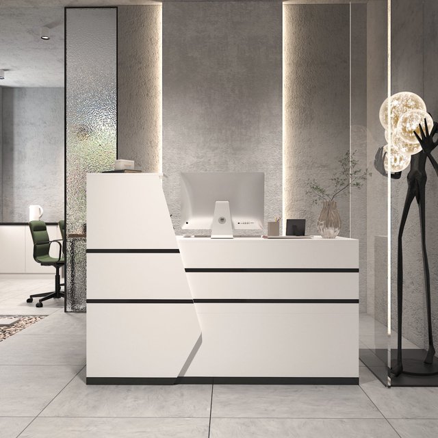 OXYLIFE L-Shape Wood Reception Desk, Front Receptionist Area Counter with Keyboard Tray for Office Boutique Lobby