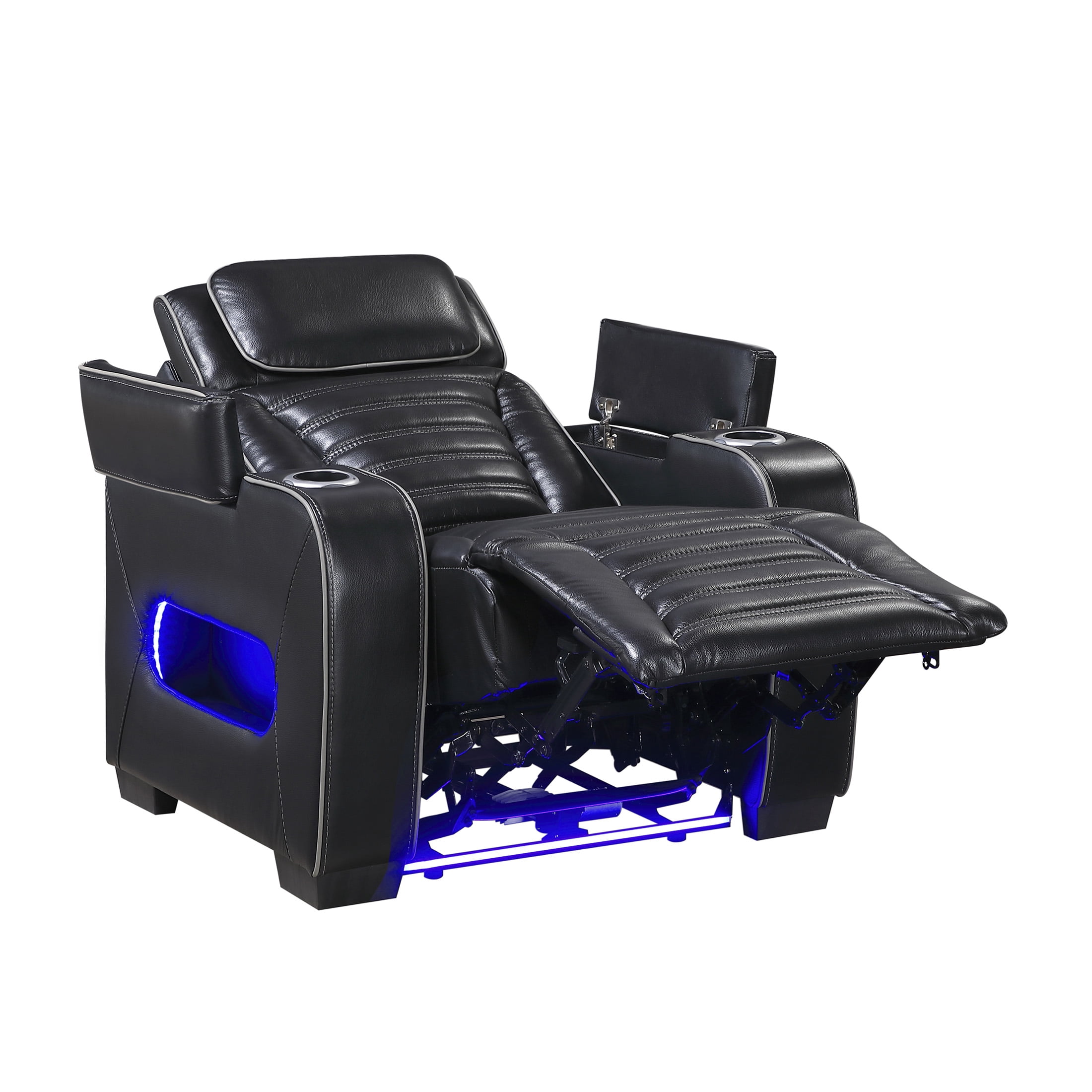 OakvillePark Elantra Leather Match Power Reclining Chair with Power Headrest/Cup holder/Storage Arms/Air Massage/Heat/LED Lighting and Charging Port, Black