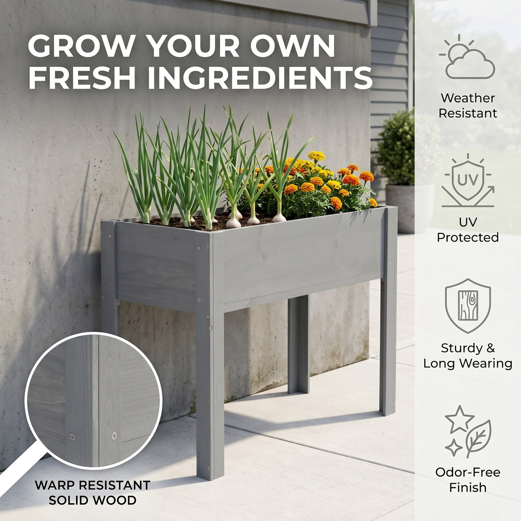 Leumius 40x20x31 Inch Raised Garden Bed with Legs, Elevated Wooden Planter Box for Outdoor Plants Flowers Fruits Vegetable Herb Growing Grey