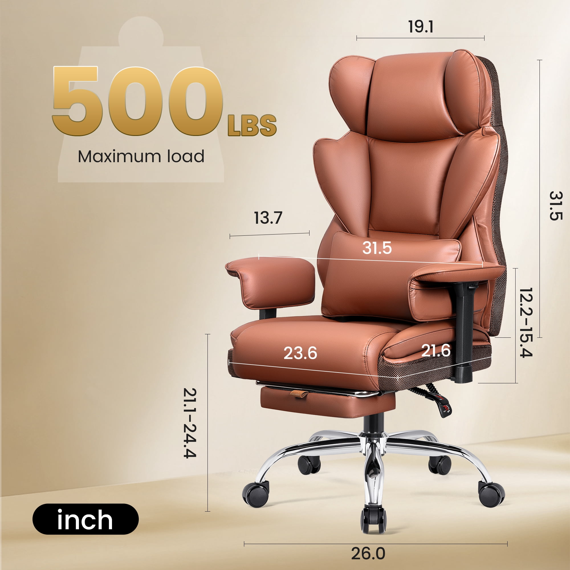 COOLHUT Large Executive PU Leather Office Chair with Adjustable Armrests and Footrest, High Back and Lumbar Support, Ideal for Big and Tall Users, Perfect for Home Office or Computer Desk Use, Brown