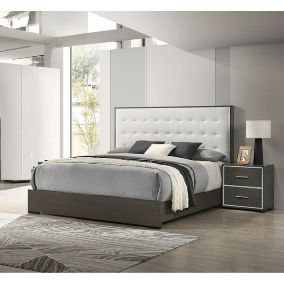 Contemporary Style 3pc Queen Size Brown Finish Gray Upholstered Bed Nightstand Wooden Furniture Set