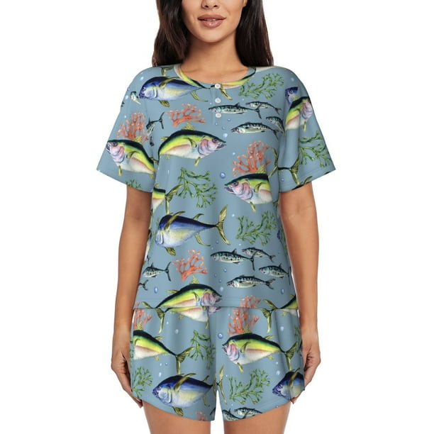 Balery Various Wild Sea Fish Conjunto de Pijama para Mujer con Estampado, Dos Piezas de Manga Corta y Shorts, Ropa de Dormir Suave con Cuello Redondo y Bolsillos-4X-Large