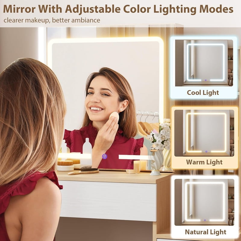 TROPOW Vanity Desk with Mirror and Lights, Makeup Vanity with Drawer & Storage Shelves, Cabinet, 3 Lighting Modes Adjustable Brightness, Power Outlet,Wood Color