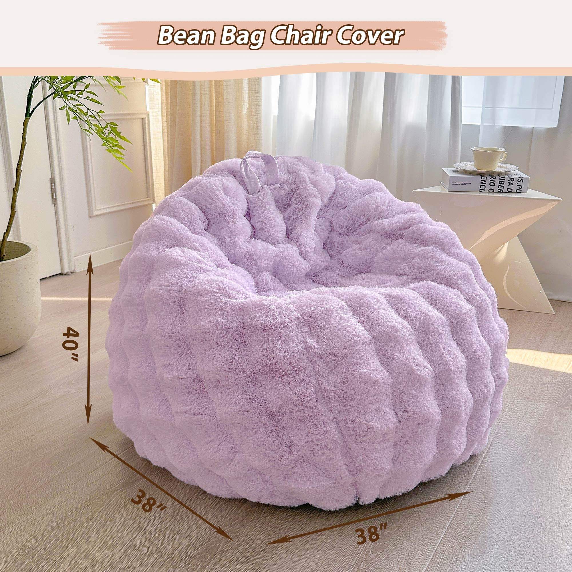 LIFEREVO Fluffy Faux Rabbit Fur Bean Bag Cover (No Filler), Big Fuzzy Stuffed Animal Storage Bubble Waffle Bean Bag Chair for Plush Toys, Comfy Shaggy Furry Beanbag Cover Kids Girls Adults, Lavender