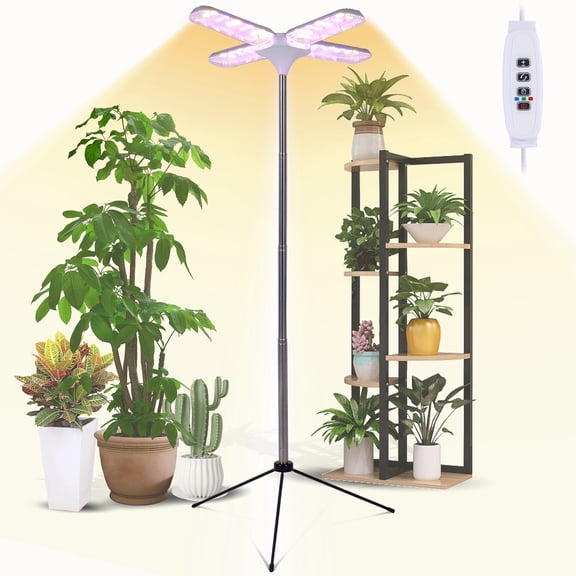 Fyniora 4-Heads Grow Lights for Indoor Plants, Full Spectrum Plant Growing Lamps with 10"-70" Height Adjustable Stand &10 Dimmable Levels, Plant Light w/ Detachable Tripod Stand&3/9/12H Auto Timer