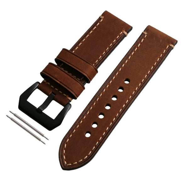 Genuine Leather Brown Watch Strap Wristwatch Band Watchband 24mm Width with Black Buckle
