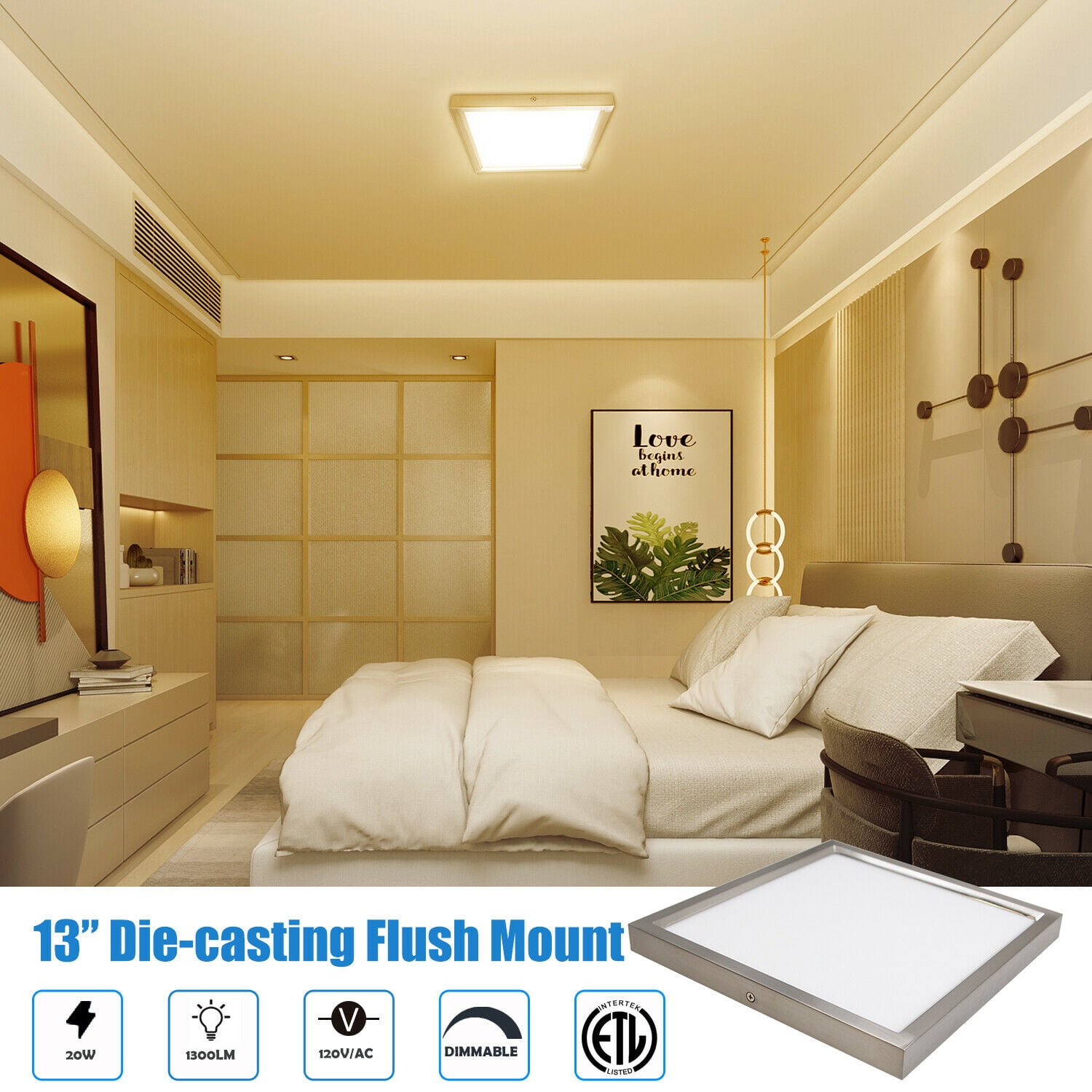 MingBright Square Flush Mount Ceiling Light Fixture, 13Inch, 20W 【160W Equiv】1300Lm, 3000K Brushed Nickel Ultrathin Light Fixture, Dimmable Edge-Lit Ceiling Light for Kitchen, Hallway, Bedroom