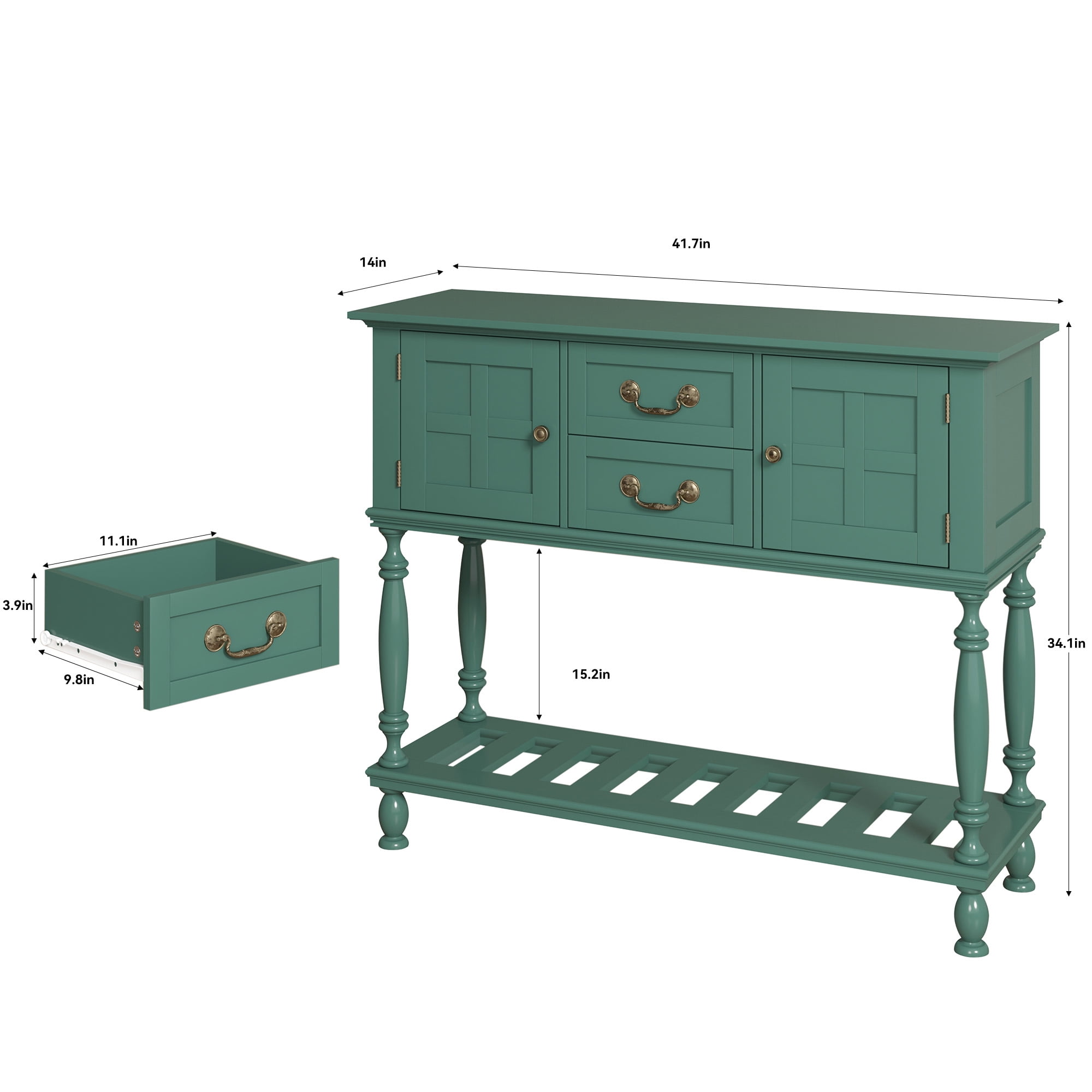 ZOSQUARE 42" Green Console Table with Storage Cabinet, Entryway Table with Turned Legs and Bottom Shelf, Vintage Sofa Table Behind Couch for Living Room