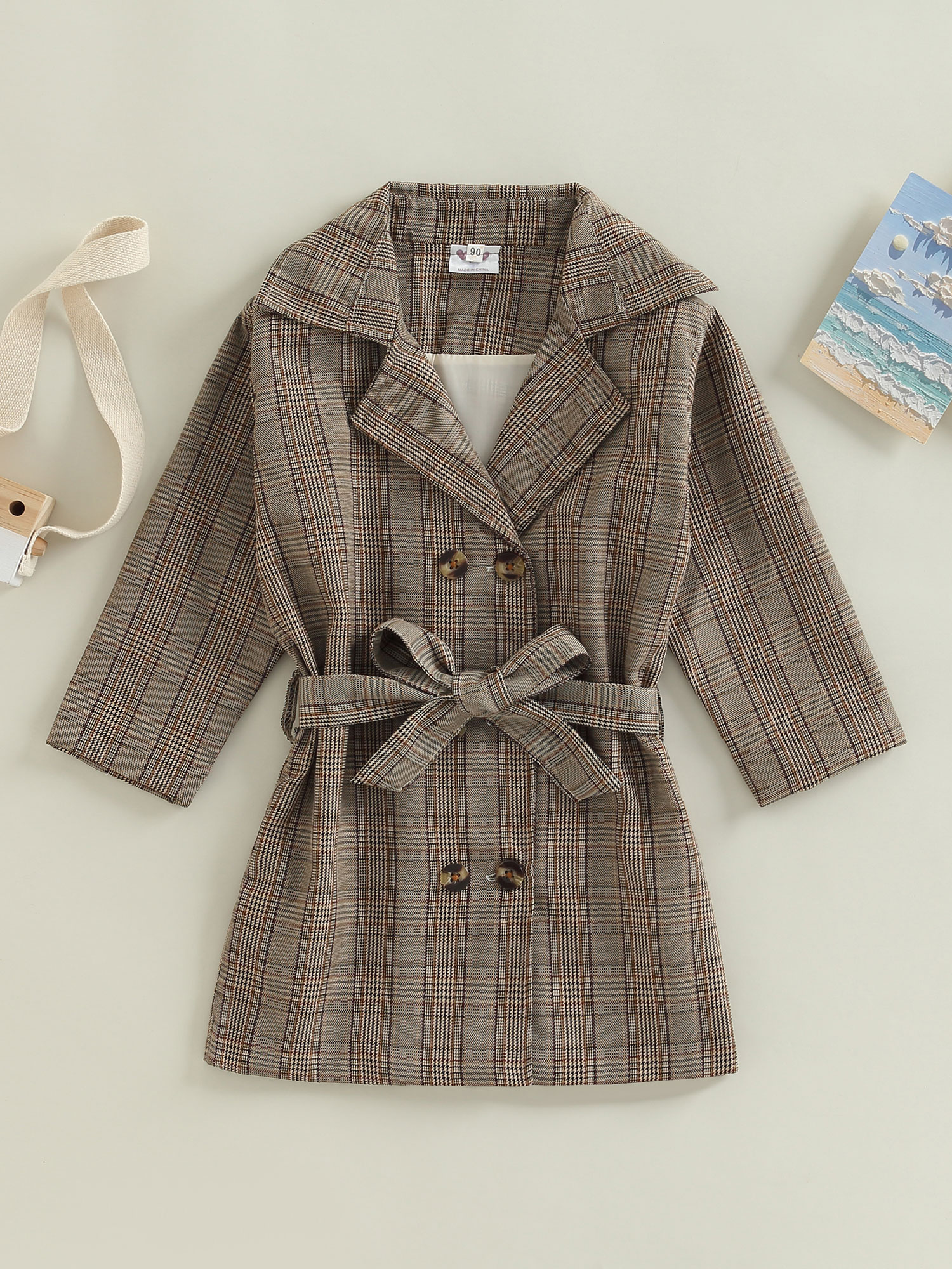 JYYYBF Toddler Baby Girl Trench Coat Long Sleeve Plaid Print Double-Breasted Belted Jacket Lapel Windbreaker Outerwear Grey 2-3 Years - image 3 of 7