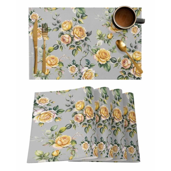 Placemats Set of 8, Yellow Rose Woven Placemat, Linen Place Mats for Kitchen/Dining Tables, Vintage Country Botanical Floral Vines Washable Table Mats for Party