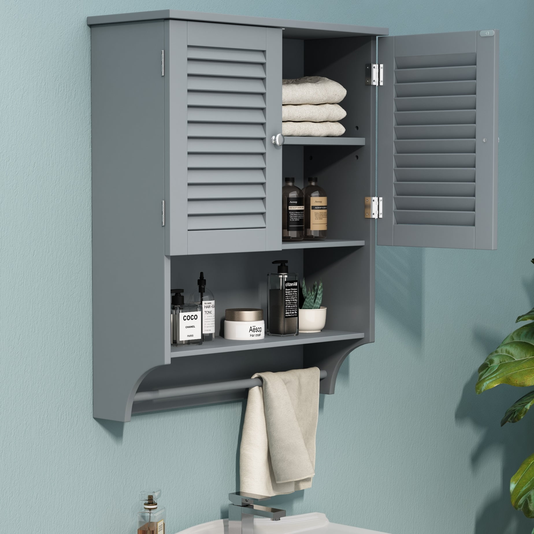 ChooChoo Bathroom Medicine Cabinet 2-Door Wall Cabinet Wood Hanging Cabinet  with Adjustable Shelves and Towels Bar (Grey) 
