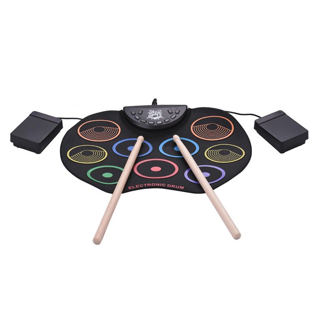 Batería enrollable de tamaño compacto, batería electrónica, 9 almohadillas de batería de silicona, alimentadas con baquetas y pedales, color negro