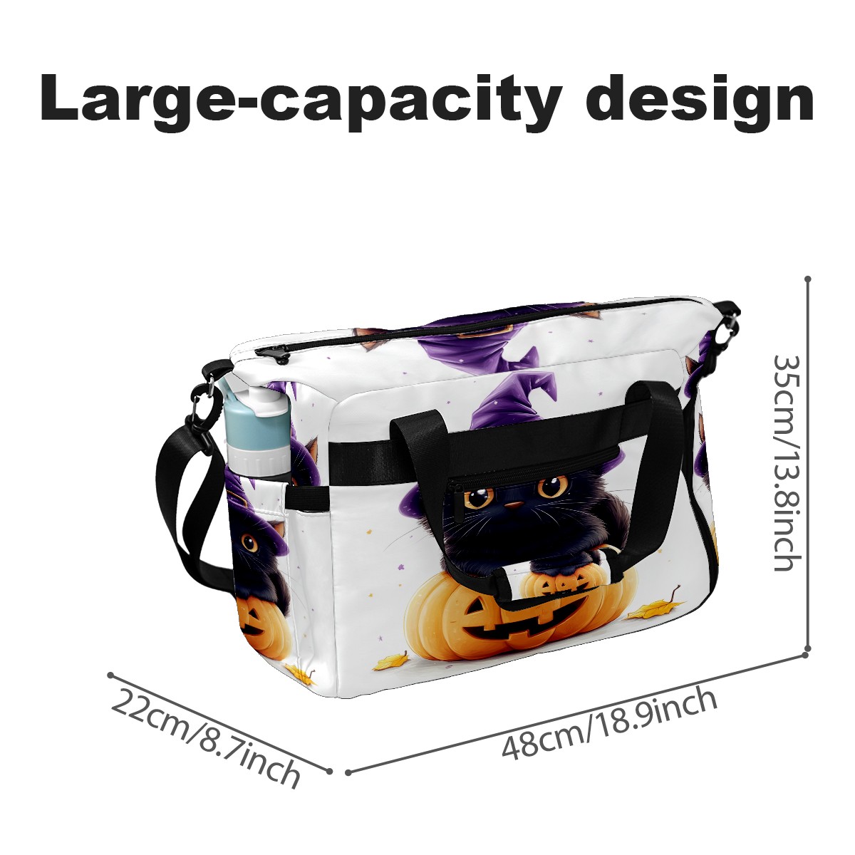 Large Gym Bag with Shoe Compartment, Water-Resistant Duffle Bag for Men and Women, Halloween Black Cat Pumpkin Witch Hat Sports Tote for Workout Travel