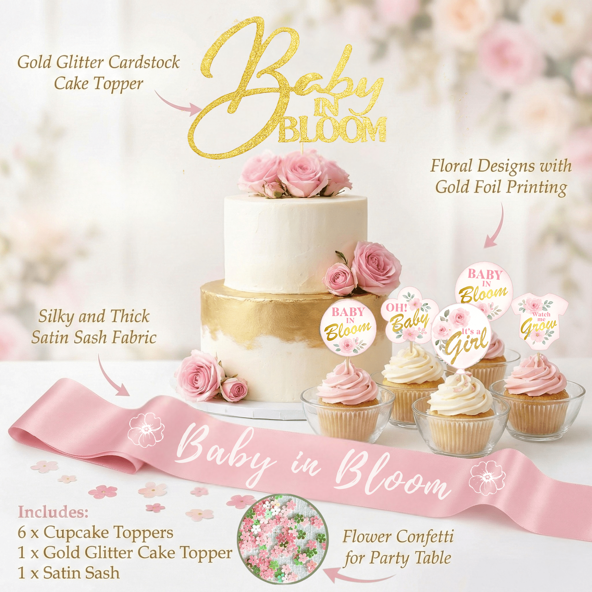Happy Greetings Baby In Bloom Baby Shower Decoration Kit with Balloon Arch and BABY Boxes, Baby in Bloom Floral, For Girl, Pink and Sage Green, 338 Pieces