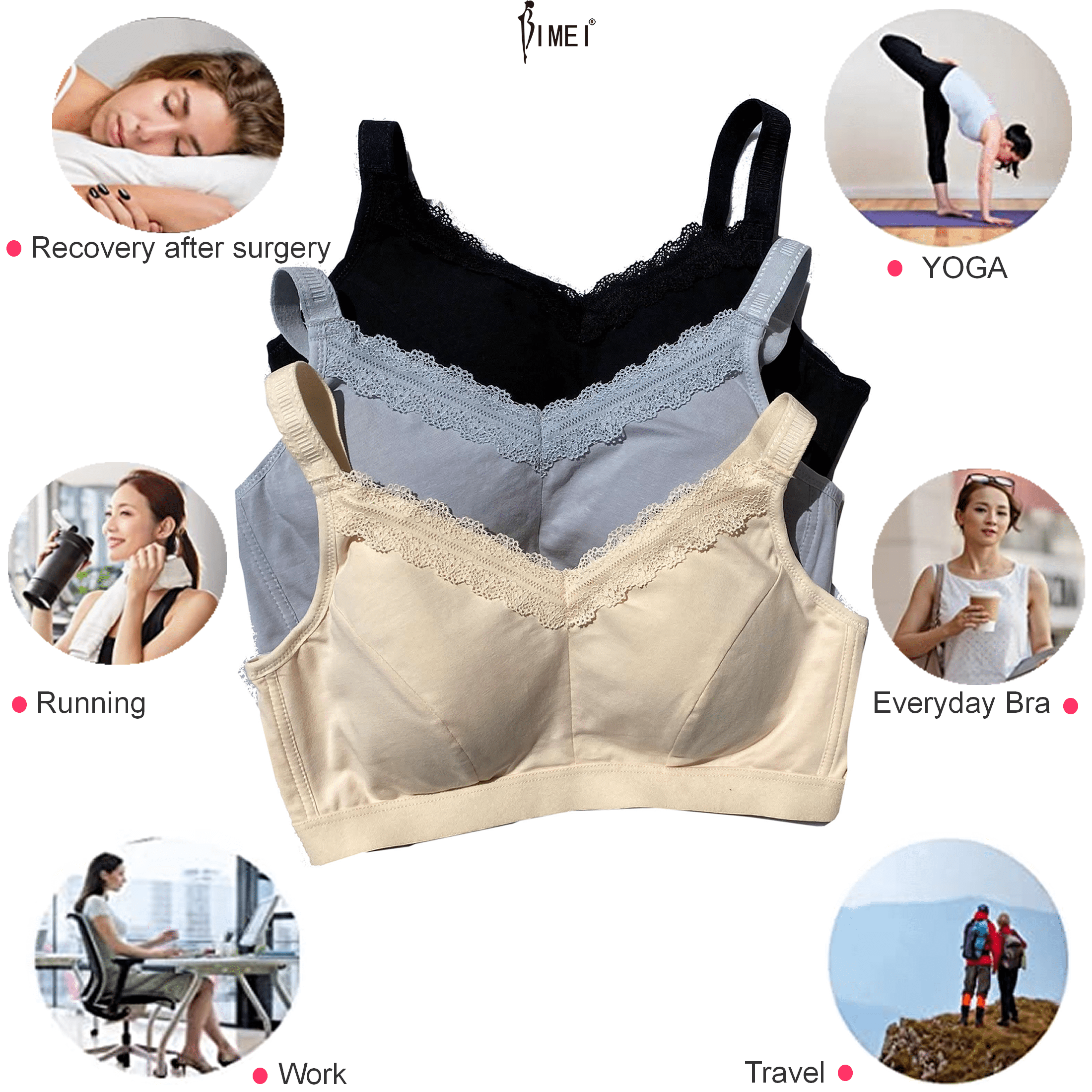 BIMEI Mastectomy Bra with Pockets for Breast Prosthesis Women's Full  Coverage Wirefree Everyday Bra plus size 8102,Beige,38C 