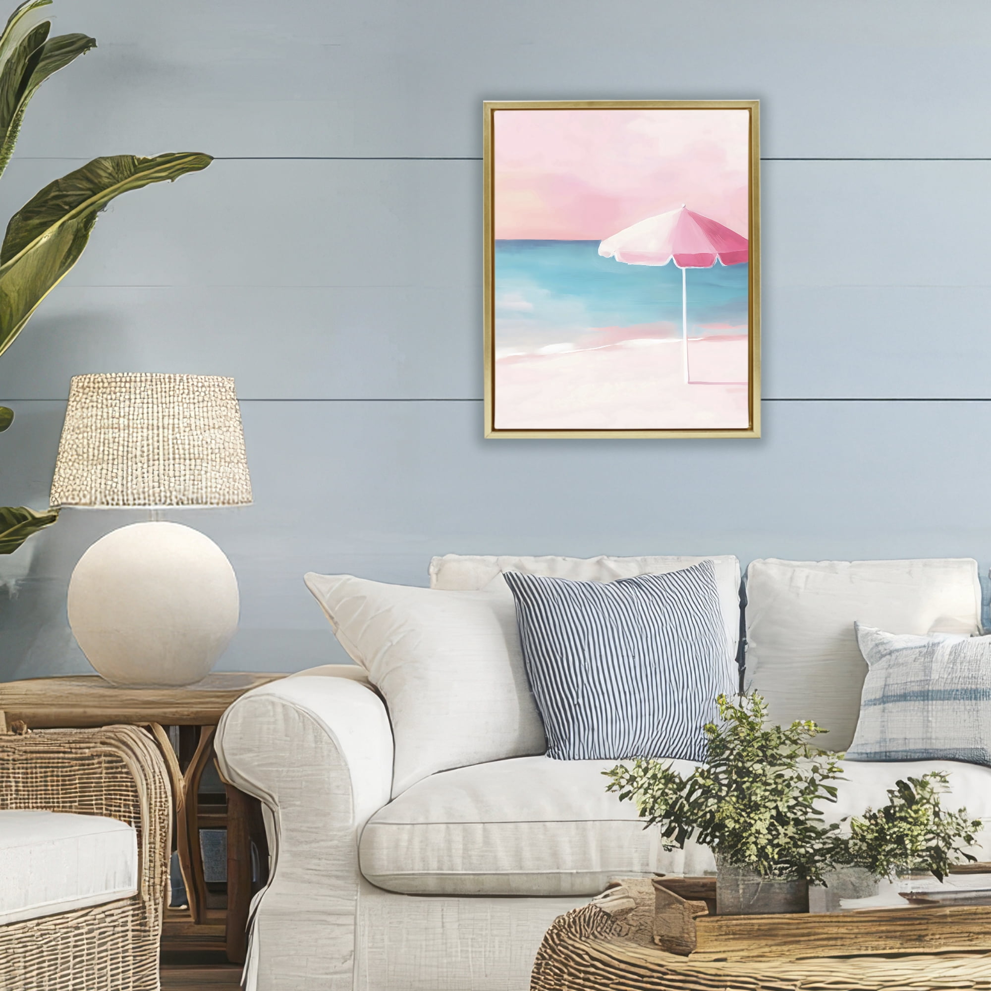Stupell Industries Serene Pink Beach Umbrella Gold Framed Floater Canvas Wall Art, design by The Prints Vibe