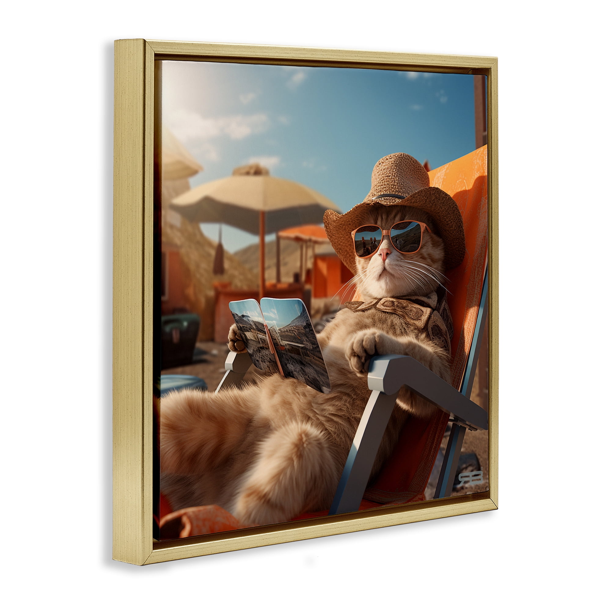 Stupell Industries Relaxing Cat Lounge Chair Animals Painting Gold Floater Framed Canvas Art Print Wall Art, 25 x 25