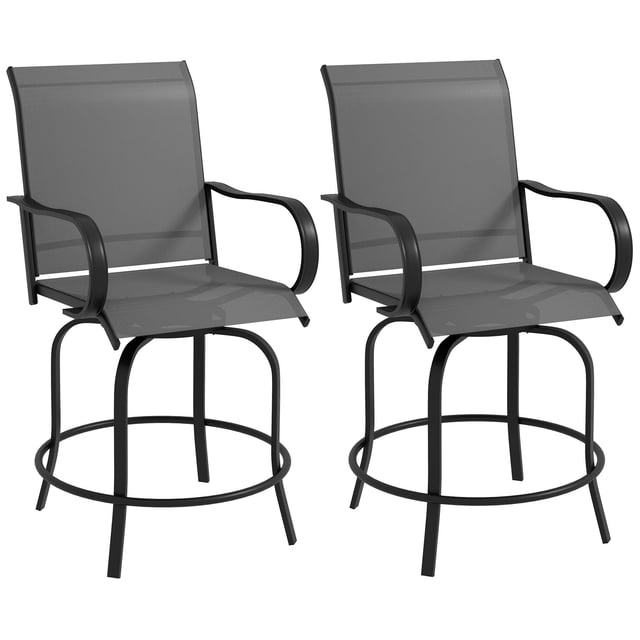 Set of 2 Outdoor Bar Stools, 360° Swivel Counter Height Chairs with Breathable Mesh Fabric and Powder-Coated Steel Frame, Grey Patio Bistro Seating for Backyard or Deck