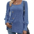 thumbnail image 5 of yoeyez Puff Long Sleeve Shirts for Women Square Neck Casual Lightweight Tops Buttons Loose Fit Knitted Stripe Pullover Tunic Top Blue XXL, 5 of 5