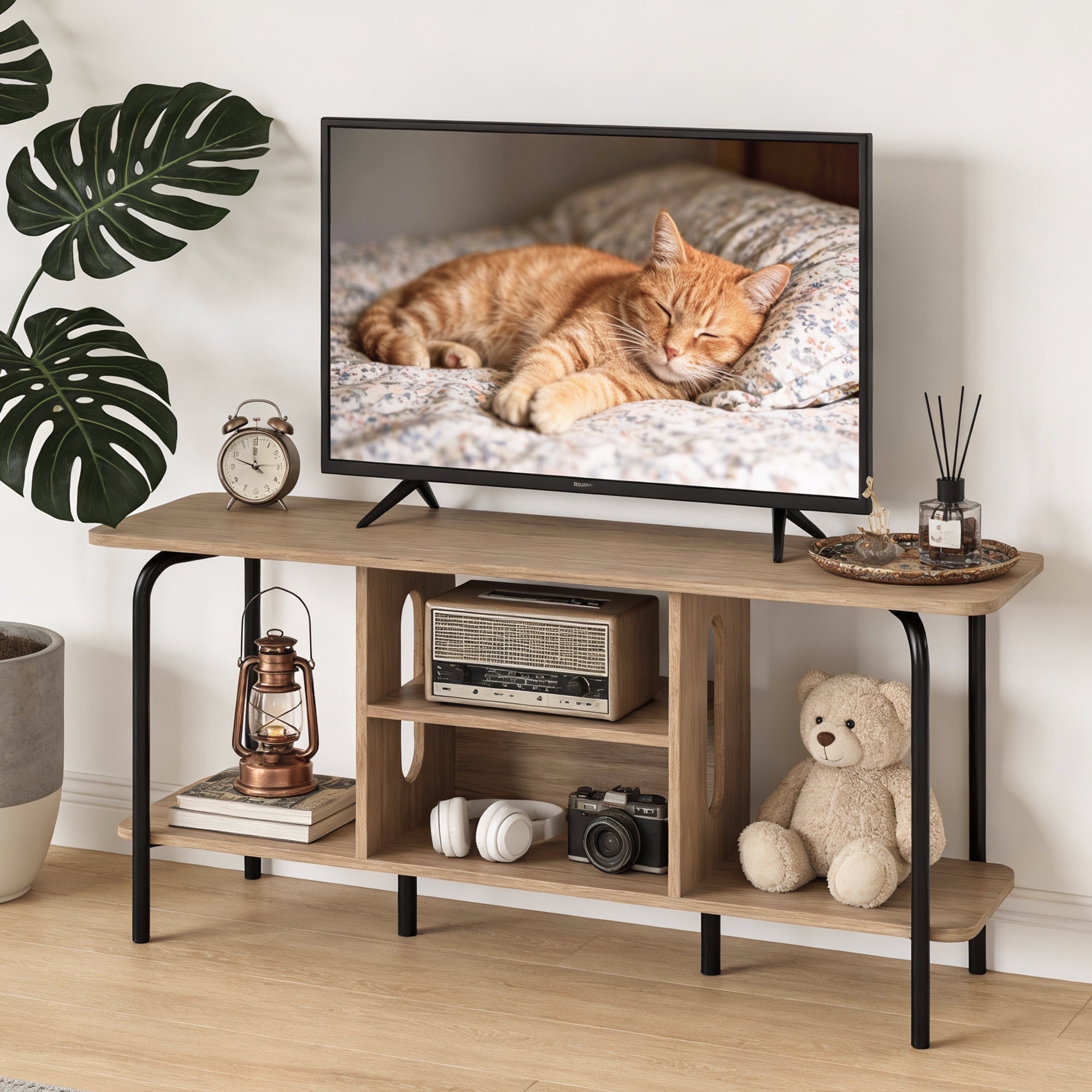 Manora  TV Stand for 55 inch, Modern Entertainment Center 3-Tier TV Console Table with Open Shelf for Living Room,Natural Color