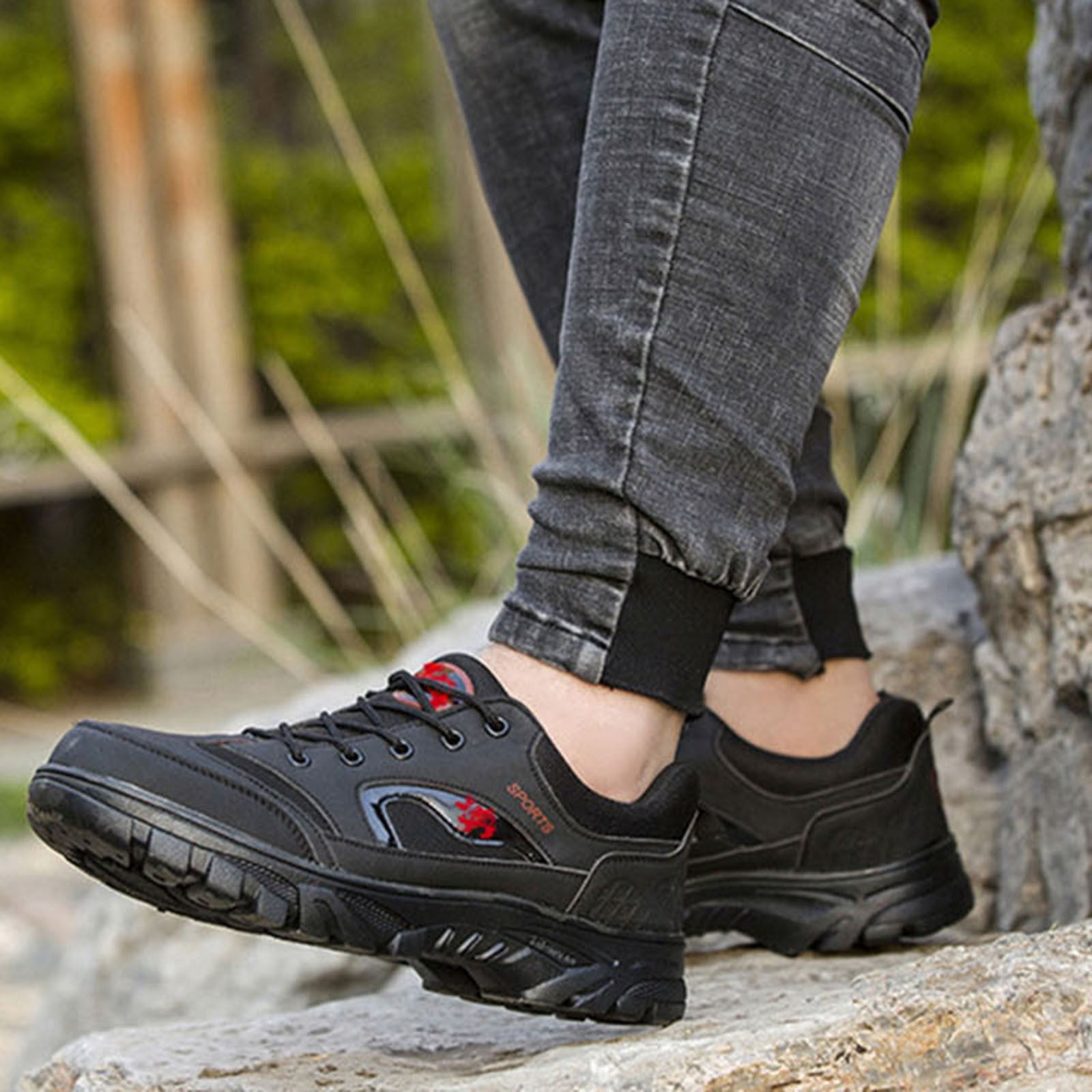 Black Men'S Hiking Shoes Round Toe Anti Slip Wear Resistant Comfortable Lightweight Outdoor Walking Footwear For All Seasons And Activities Size 41