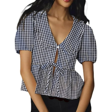 QIUYI Women Plaid Ruffle Crop Top Puff Short Sleeve V Neck Peplum Blouse Y2k Tie Up Cute Open Front Babydoll T Shirt