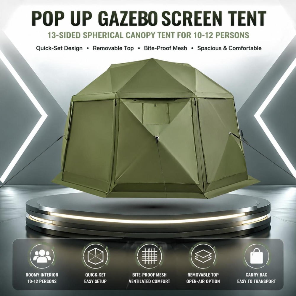 Pop up Gazebo Screen Tent, 13 x 13 Ft 13-Sided Sphere Camping Canopy Sun Shelter, with Removable Top and Carry Bag, Green